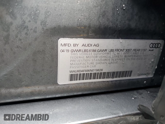 2019 Audi A8 L with VIN WAU8DAF88KN019828, listed as a Copart auction lot 88327945 with 27,307 mi miles and Non Repairable. Bid and sale history available at carsss.com. Image 12.