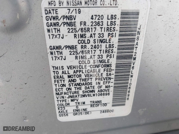 2020 Nissan Rogue SV with VIN JN8AT2MV6LW106696, listed as a IAAI auction lot 41612771 with 51,155 mi miles. Bid and sale history available at carsss.com. Image 9.
