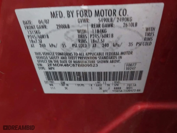 2007 Ford Edge SEL with VIN 2FMDK48C87BB09523, listed as a IAAI auction lot 41068748 with 83,629 mi miles. Bid and sale history available at carsss.com. Image 9.