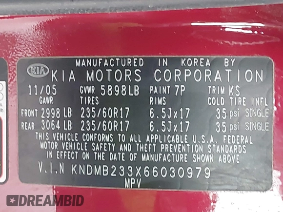 2006 Kia Sedona LX with VIN KNDMB233X66030979, listed as a IAAI auction lot 41933430 with 127,305 mi miles and . Bid and sale history available at DreamBid. Image 9.