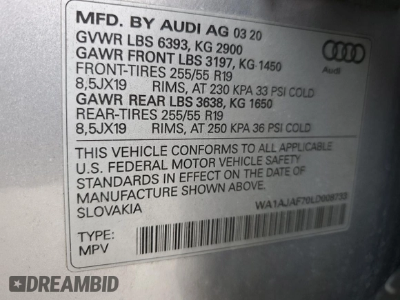 2020 Audi Q7 Premium with VIN WA1AJAF70LD008733, listed as a Copart auction lot 53377775 with 62,285 mi miles and Salvage title. Bid and sale history available at DreamBid. Image 15.