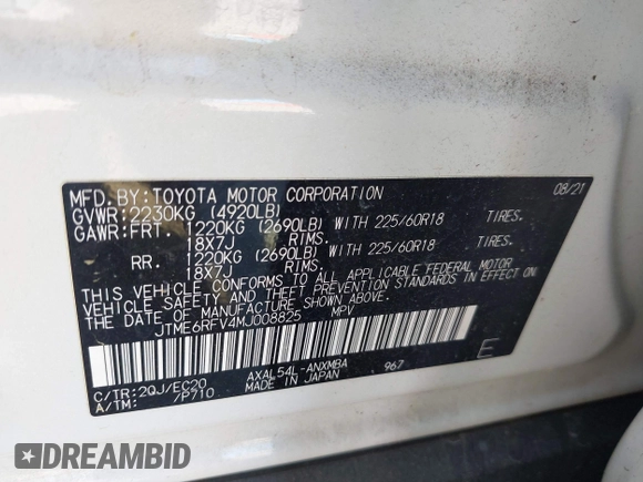 2021 Toyota RAV4 Hybrid XSE with VIN JTME6RFV4MJ008825, listed as a IAAI auction lot 42060148 with 91,129 mi miles and . Bid and sale history available at DreamBid. Image 9.
