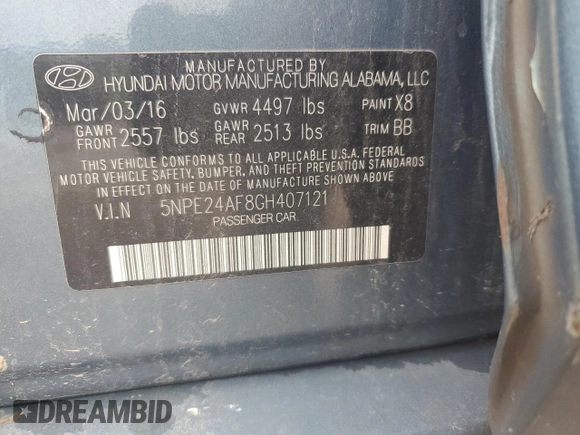 2016 Hyundai Sonata SE with VIN 5NPE24AF8GH407121, listed as a Copart auction lot 52639533 with 114,906 mi miles and Salvage Title. Bid and sale history available at carsss.com. Image 12.