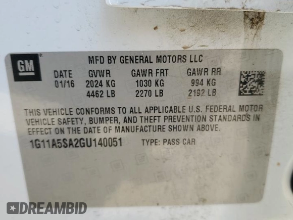 2016 Chevrolet Malibu Limited LS with VIN 1G11A5SA2GU140051, listed as a Copart auction lot 59285544 with 100,612 mi miles and Salvage Title. Bid and sale history available at carsss.com. Image 12.