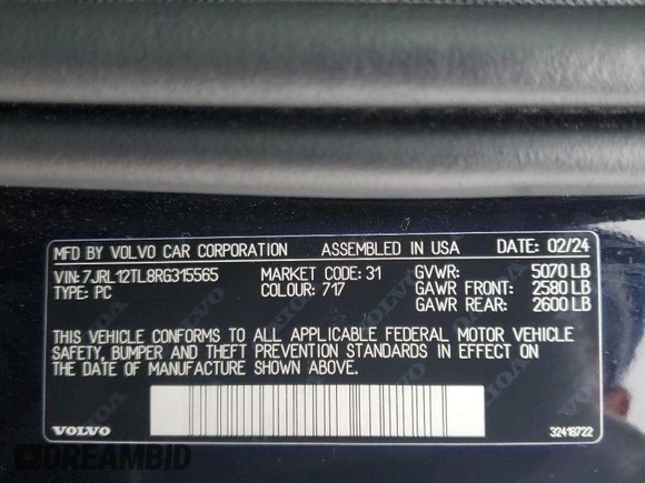 2024 Volvo S60 Plus Dark Theme with VIN 7JRL12TL8RG315565, listed as a Copart auction lot 53347535 with 18,396 mi miles and Salvage title. Bid and sale history available at DreamBid. Image 14.