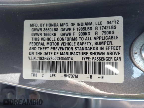 2012 Honda Civic LX z VIN 19XFB2F50CE355314, wystawiony jako IAAI lot #42377797 z przebiegiem 186 705 mil mil oraz . Historia ofert i sprzedaży dostępna na DreamBid. Obrazek 9.