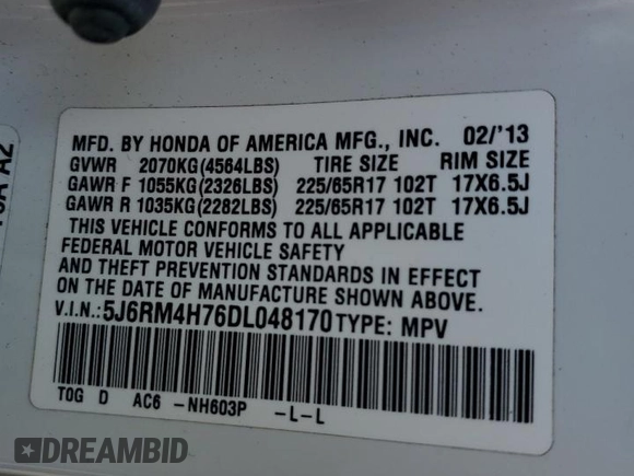 2013 Honda CR-V EX-L with VIN 5J6RM4H76DL048170, listed as a Copart auction lot 53349535 with 197,983 mi miles and Salvage Title. Bid and sale history available at carsss.com. Image 12.