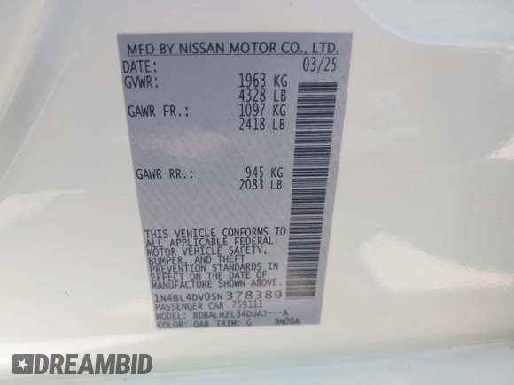 2025 Nissan Altima SV z VIN 1N4BL4DV0SN378389, wystawiony jako IAAI lot #41984535 z przebiegiem 46 mil mil oraz . Historia ofert i sprzedaży dostępna na DreamBid. Obrazek 9.