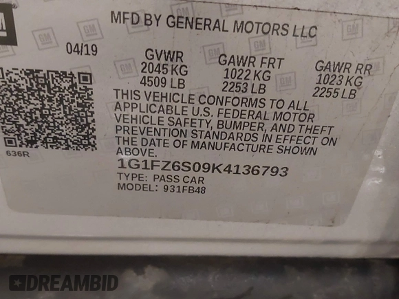 2019 Chevrolet Bolt EV Premier with VIN 1G1FZ6S09K4136793, listed as a IAAI auction lot 42135605 with 54,194 mi miles. Bid and sale history available at carsss.com. Image 9.