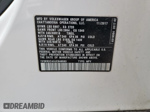 2018 Volkswagen Atlas SE with VIN 1V2KR2CA3JC546563, listed as a Copart auction lot 55458335 with 126,384 mi miles and Salvage title. Bid and sale history available at DreamBid. Image 13.