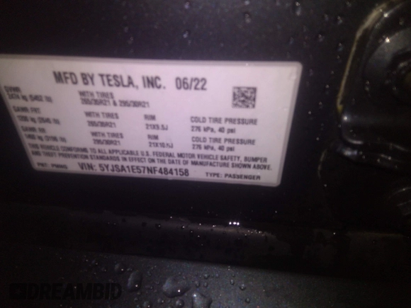2022 Tesla Model S with VIN 5YJSA1E57NF484158, listed as a IAAI auction lot 41531574 with 16,079 mi miles and . Bid and sale history available at DreamBid. Image 9.