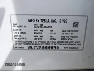 2022 Tesla Model S with VIN 5YJSA1E58NF467644, listed as a IAAI auction lot 42344403 with 52,628 mi miles and . Bid and sale history available at DreamBid. Image 9.