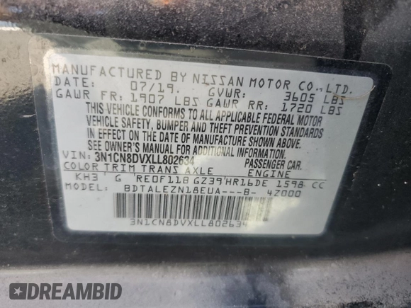 2020 Nissan Versa S z VIN 3N1CN8DVXLL802634, wystawiony jako Copart lot #58873905 z przebiegiem Nie podano mil oraz Nie do naprawy • Non repairable. Historia ofert i sprzedaży dostępna na DreamBid. Obrazek 12.