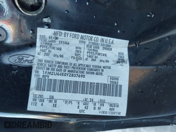 2000 Ford Explorer Eddie Bauer с VIN 1FMZU64E0YZB37690, выставлен на аукционе IAAI как лот 41588446 с пробегом 184 471 миль миль и . История ставок и продаж доступна на DreamBid. Изображение 9.
