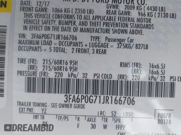 2018 Ford Fusion S z VIN 3FA6P0G71JR166706, wystawiony jako IAAI lot #42275722 z przebiegiem 33 752 mil mil oraz . Historia ofert i sprzedaży dostępna na DreamBid. Obrazek 9.