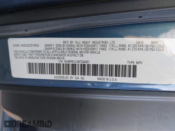 2008 Subaru Outback i with VIN 4S4BP61CX87334051, listed as a IAAI auction lot 41342060 with 123,755 mi miles and . Bid and sale history available at DreamBid. Image 9.