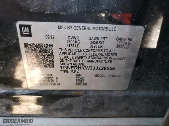 2018 Chevrolet Traverse LT Leather with VIN 1GNERHKW3JJ129056, listed as a Copart auction lot 63459524 with 131,280 mi miles and Salvage Title. Bid and sale history available at carsss.com. Image 13.