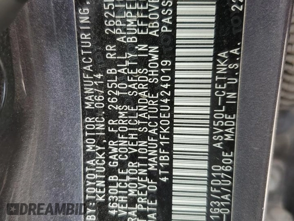 2014 Toyota Camry L with VIN 4T1BF1FK0EU424019, listed as a Copart auction lot 53088585 with 185,010 mi miles and Salvage Title. Bid and sale history available at DreamBid. Image 12.