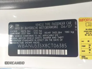2008 BMW 5 Series 528i with VIN WBANU535X8CT06385, listed as a IAAI auction lot 42531603 with 90,002 mi miles and . Bid and sale history available at DreamBid. Image 9.