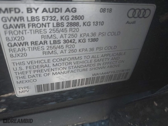 2018 Audi SQ5 Premium Plus with VIN WA1A4AFY0J2236191, listed as a IAAI auction lot 39742989 with 63,816 mi miles. Bid and sale history available at carsss.com. Image 9.