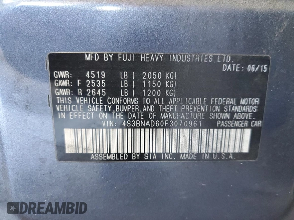 2015 Subaru Legacy Premium with VIN 4S3BNAD60F3070961, listed as a Copart auction lot 64823315 with 68,006 mi miles and Salvage title. Bid and sale history available at DreamBid. Image 12.