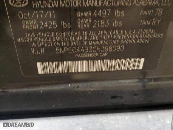 2012 Hyundai Sonata 2.0T SE with VIN 5NPEC4AB3CH398090, listed as a Copart auction lot 44325055 with 216,840 mi miles and Salvage Title. Bid and sale history available at carsss.com. Image 12.