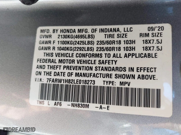 2020 Honda CR-V EX-L with VIN 7FARW1H82LE018273, listed as a IAAI auction lot 41230417 with 58,907 mi miles. Bid and sale history available at carsss.com. Image 9.