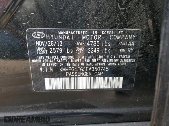 2014 Hyundai Azera with VIN KMHFG4JG3EA350745, listed as a Copart auction lot 44137215 with 200,118 mi miles and Non repairable. Bid and sale history available at DreamBid. Image 12.
