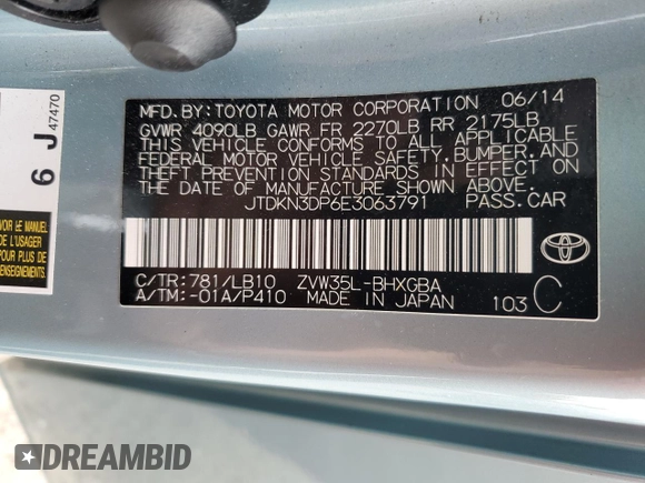 2014 Toyota Prius z VIN JTDKN3DP6E3063791, wystawiony jako Copart lot #60249165 z przebiegiem 98 576 mil mil oraz Szkoda całkowita • Salvage title. Historia ofert i sprzedaży dostępna na DreamBid. Obrazek 13.