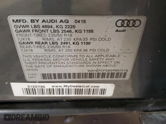2016 Audi Q3 Premium Plus with VIN WA1EFCFS9GR001016, listed as a Copart auction lot 52300205 with 42,518 mi miles and Salvage Title. Bid and sale history available at carsss.com. Image 13.