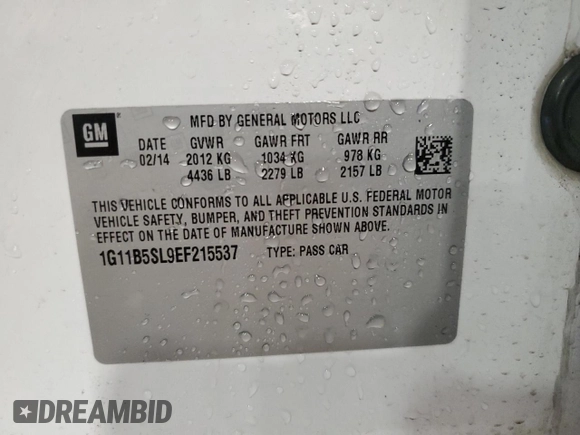 2014 Chevrolet Malibu LS with VIN 1G11B5SL9EF215537, listed as a Copart auction lot 55516365 with 125,517 mi miles and Salvage Title. Bid and sale history available at DreamBid. Image 12.