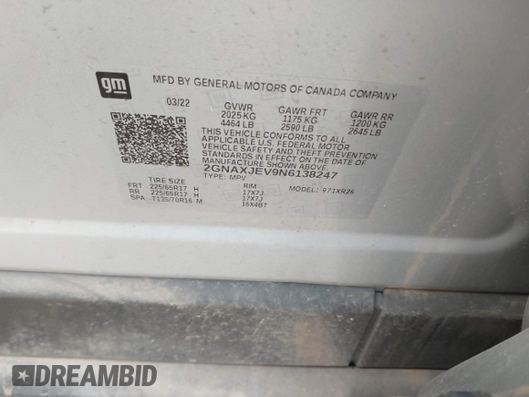 2022 Chevrolet Equinox LT with VIN 2GNAXJEV9N6138247, listed as a IAAI auction lot 42245739 with 192,813 mi miles and . Bid and sale history available at DreamBid. Image 8.