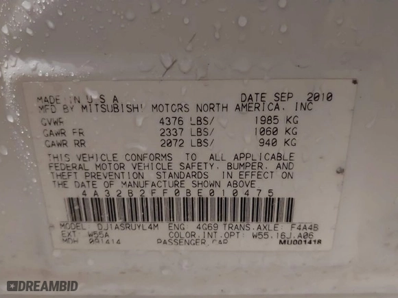 2011 Mitsubishi Galant FE with VIN 4A32B2FF0BE010475, listed as a IAAI auction lot 41371845 with 217778 miles. Bid and sale history available at carsss.com. Image 9.