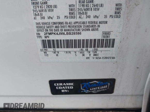 2020 Ford Edge SEL with VIN 2FMPK4J99LBB28586, listed as a IAAI auction lot 42193355 with 39,421 mi miles and . Bid and sale history available at DreamBid. Image 9.
