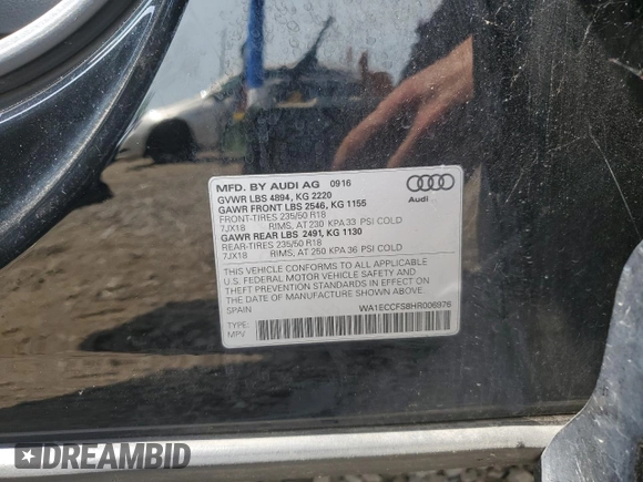 2017 Audi Q3 Premium with VIN WA1ECCFS8HR006976, listed as a Copart auction lot 58573355 with 178,468 mi miles and Clean title. Bid and sale history available at DreamBid. Image 12.