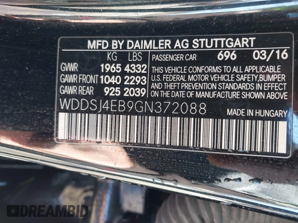 2016 Mercedes-Benz CLA with VIN WDDSJ4EB9GN372088, listed as a IAAI auction lot 41655141 with 83,726 mi miles. Bid and sale history available at carsss.com. Image 9.