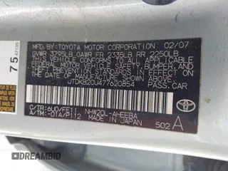 2007 Toyota Prius with VIN JTDKB20U477620854, listed as a IAAI auction lot 42595208 with Not provided miles and . Bid and sale history available at DreamBid. Image 9.