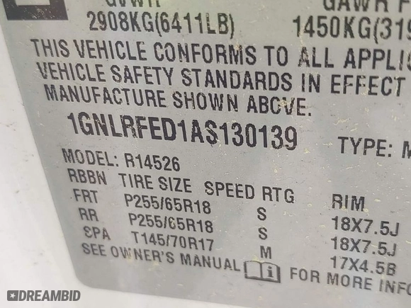 2010 Chevrolet Traverse LT w/1LT with VIN 1GNLRFED1AS130139, listed as a IAAI auction lot 42050224 with 135,446 mi miles. Bid and sale history available at carsss.com. Image 9.