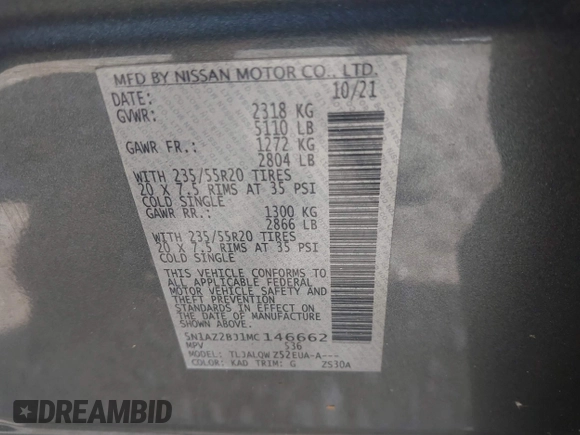 2021 Nissan Murano SV z VIN 5N1AZ2BJ1MC146662, wystawiony jako IAAI lot #42094316 z przebiegiem 36 369 mil mil oraz . Historia ofert i sprzedaży dostępna na DreamBid. Obrazek 9.