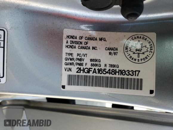 2008 Honda Civic LX with VIN 2HGFA16548H103317, listed as a Copart auction lot 53805405 with 168,899 mi miles and Salvage Title. Bid and sale history available at DreamBid. Image 12.