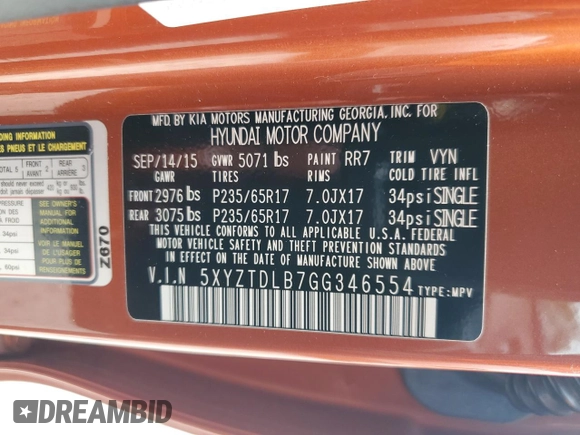 2016 Hyundai Santa Fe z VIN 5XYZTDLB7GG346554, wystawiony jako Copart lot #56898045 z przebiegiem 84 915 mil mil oraz Szkoda całkowita • Salvage title. Historia ofert i sprzedaży dostępna na DreamBid. Obrazek 13.