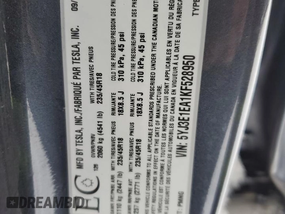 2019 Tesla Model 3 Mid Range with VIN 5YJ3E1EA1KF528950, listed as a Copart auction lot 43344475 with 57,272 mi miles and Clean Title. Bid and sale history available at DreamBid. Image 12.