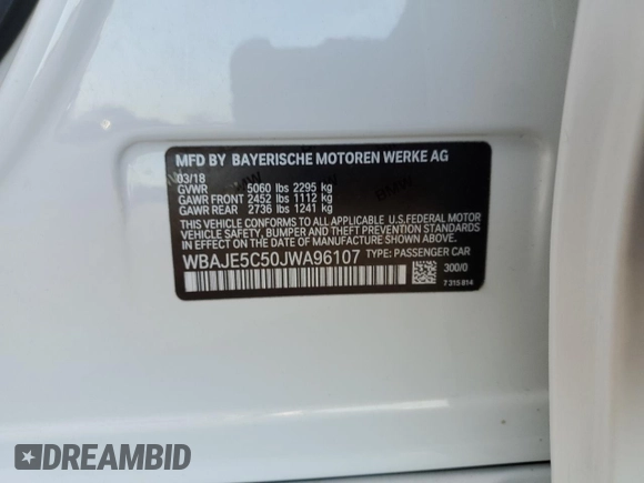 2018 BMW 5 Series 540i with VIN WBAJE5C50JWA96107, listed as a Copart auction lot 43808235 with Not Provided miles and Salvage Title. Bid and sale history available at carsss.com. Image 13.