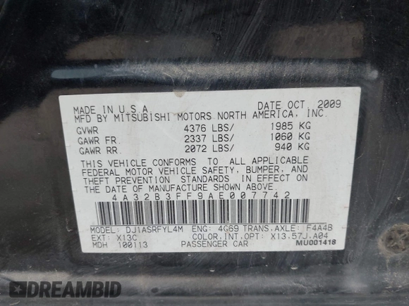2010 Mitsubishi Galant ES z VIN 4A32B3FF9AE007742, wystawiony jako IAAI lot #42032505 z przebiegiem 248 472 mil mil oraz . Historia ofert i sprzedaży dostępna na DreamBid. Obrazek 9.