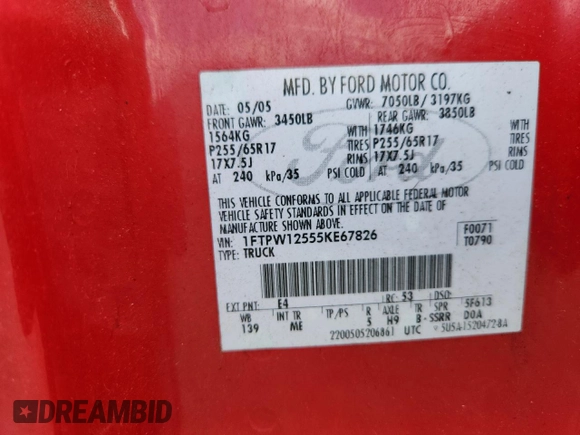 2005 Ford F-150 XLT with VIN 1FTPW12555KE67826, listed as a Copart auction lot 61623865 with 167,089 mi miles and Clean title. Bid and sale history available at DreamBid. Image 12.