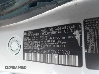 2001 BMW 5 Series 525i with VIN WBADT43431GX21028, listed as a IAAI auction lot 41750416 with Not Provided miles and . Bid and sale history available at DreamBid. Image 9.