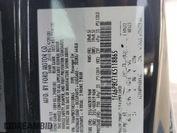 2019 Ford Mustang GT with VIN 1FA6P8CF1K5118865, listed as a Copart auction lot 47283645 with 41,916 mi miles and Salvage Title. Bid and sale history available at carsss.com. Image 15.
