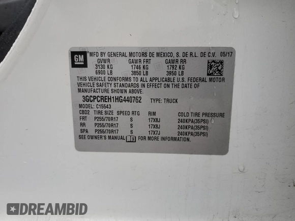 2017 Chevrolet Silverado 1500 LT with VIN 3GCPCREH1HG440762, listed as a Copart auction lot 86527844 with 238,123 mi miles and Salvage Title. Bid and sale history available at DreamBid. Image 12.