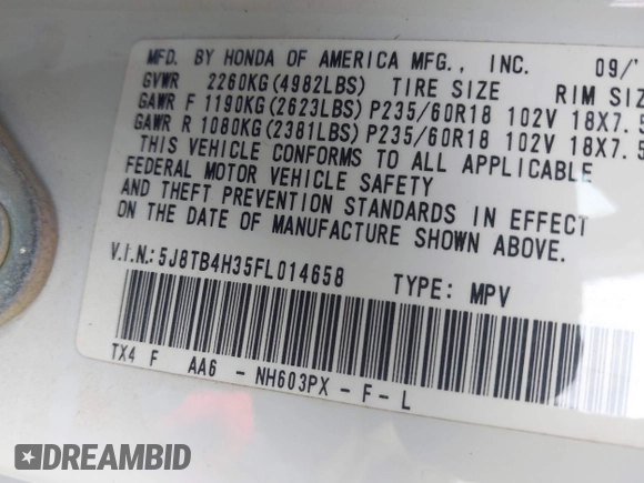 2015 Acura RDX with VIN 5J8TB4H35FL014658, listed as a IAAI auction lot 42034673 with 1 mi miles. Bid and sale history available at carsss.com. Image 9.