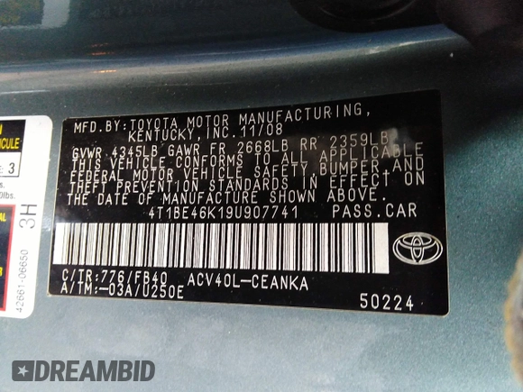 2009 Toyota Camry with VIN 4T1BE46K19U907741, listed as a IAAI auction lot 34957219 with 97,962 mi miles. Bid and sale history available at carsss.com. Image 9.
